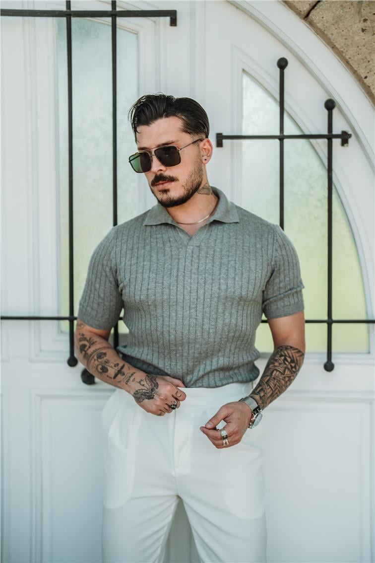 Polo Yaka Pamuklu Slim Fit T-Shirt Gri