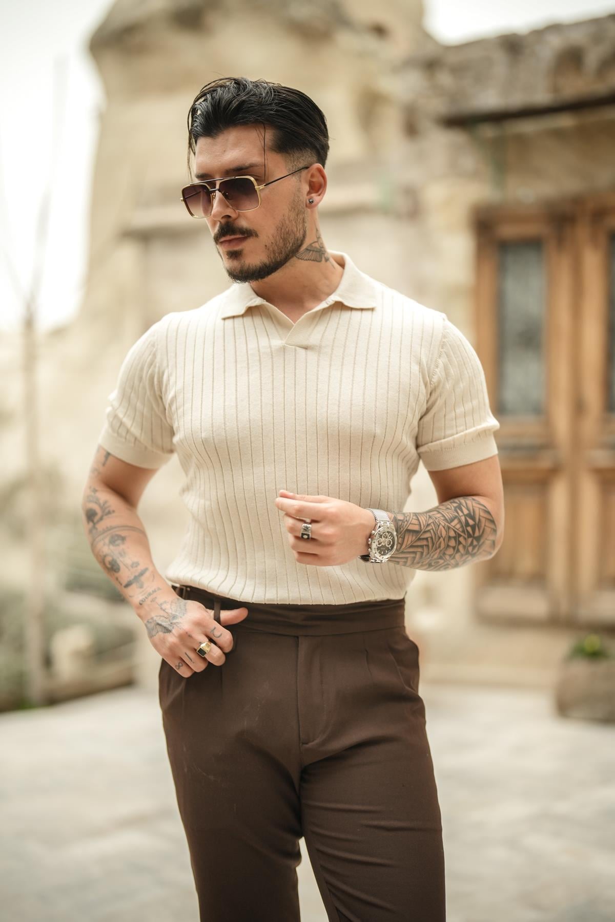 Polo Yaka Pamuklu Slim Fit T-Shirt Krem