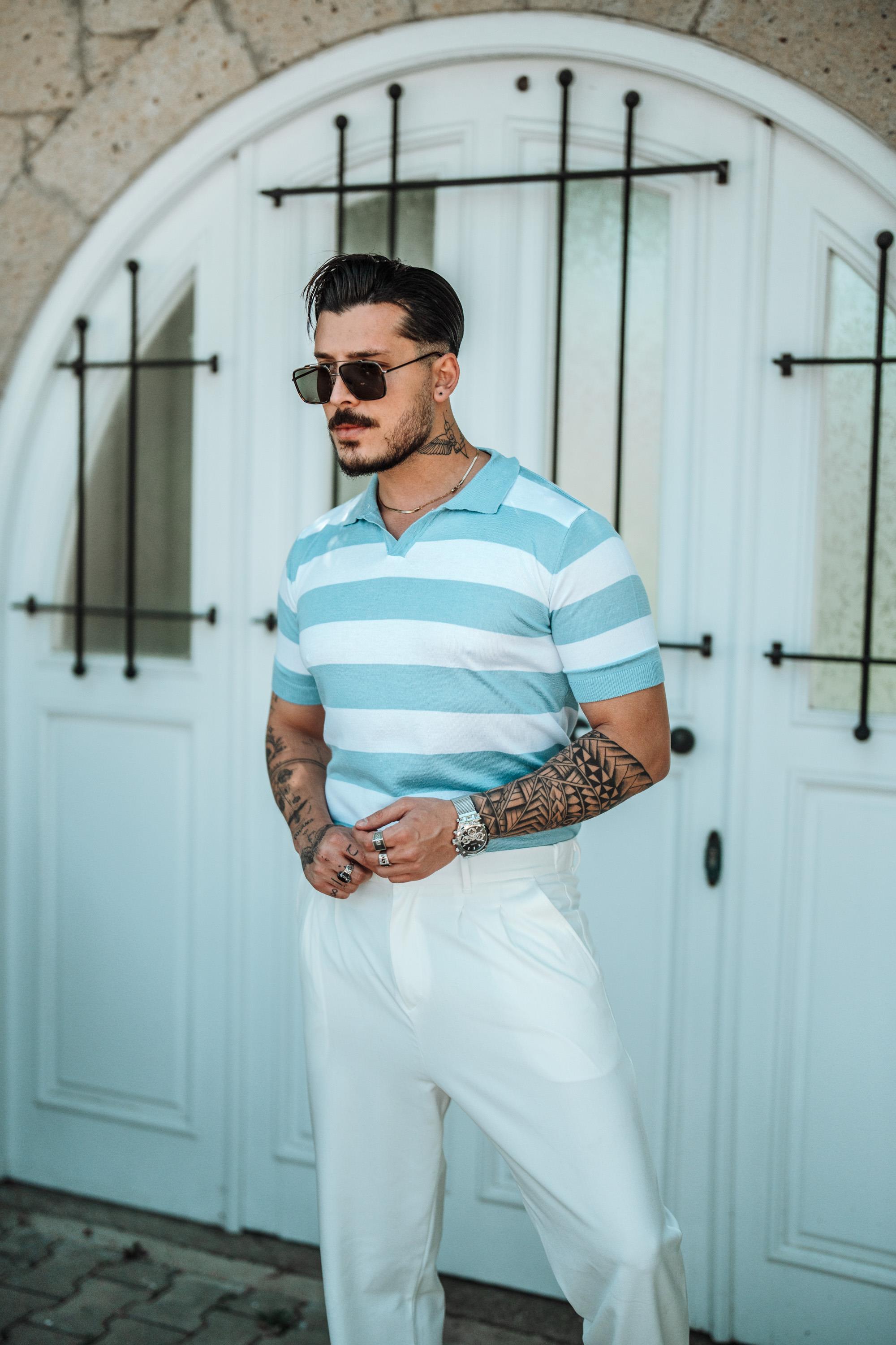 Polo Yaka Paralel T-Shirt Açık Mavi