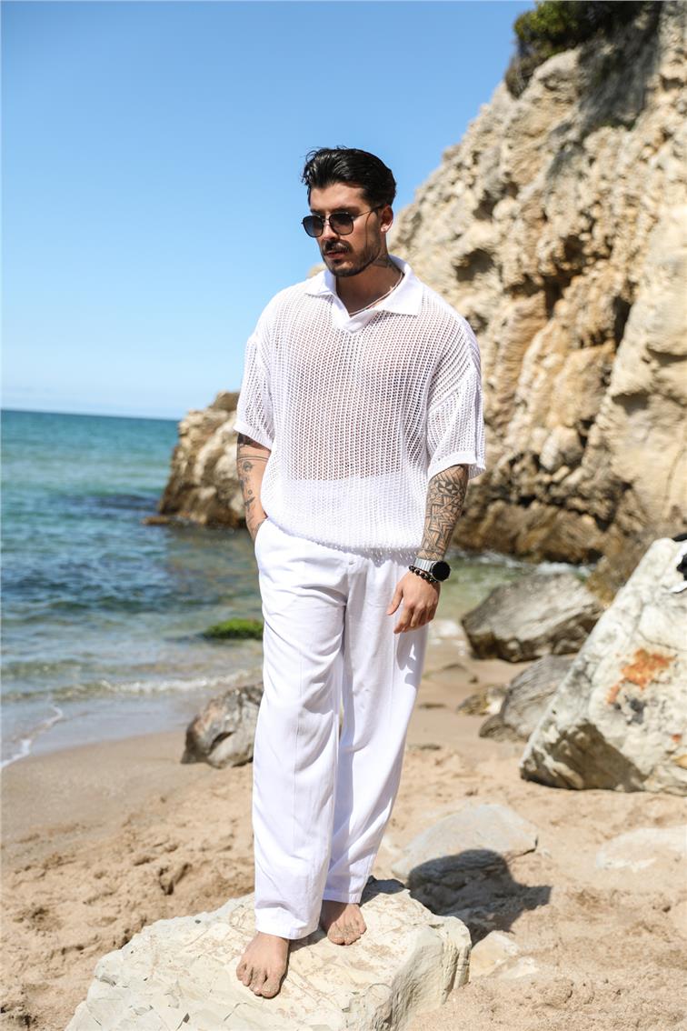 Polo Yaka Premium İnce Tirko T-Shirt Beyaz