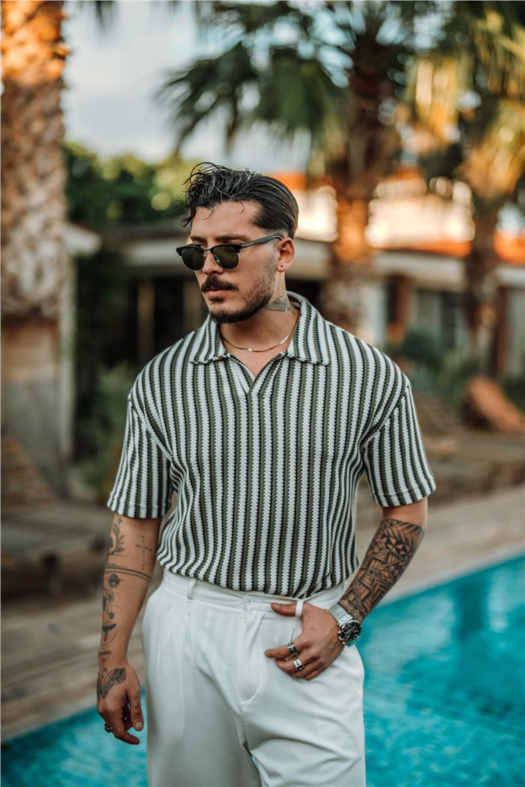 Polo Yaka Şeritli Örme T-Shirt Haki