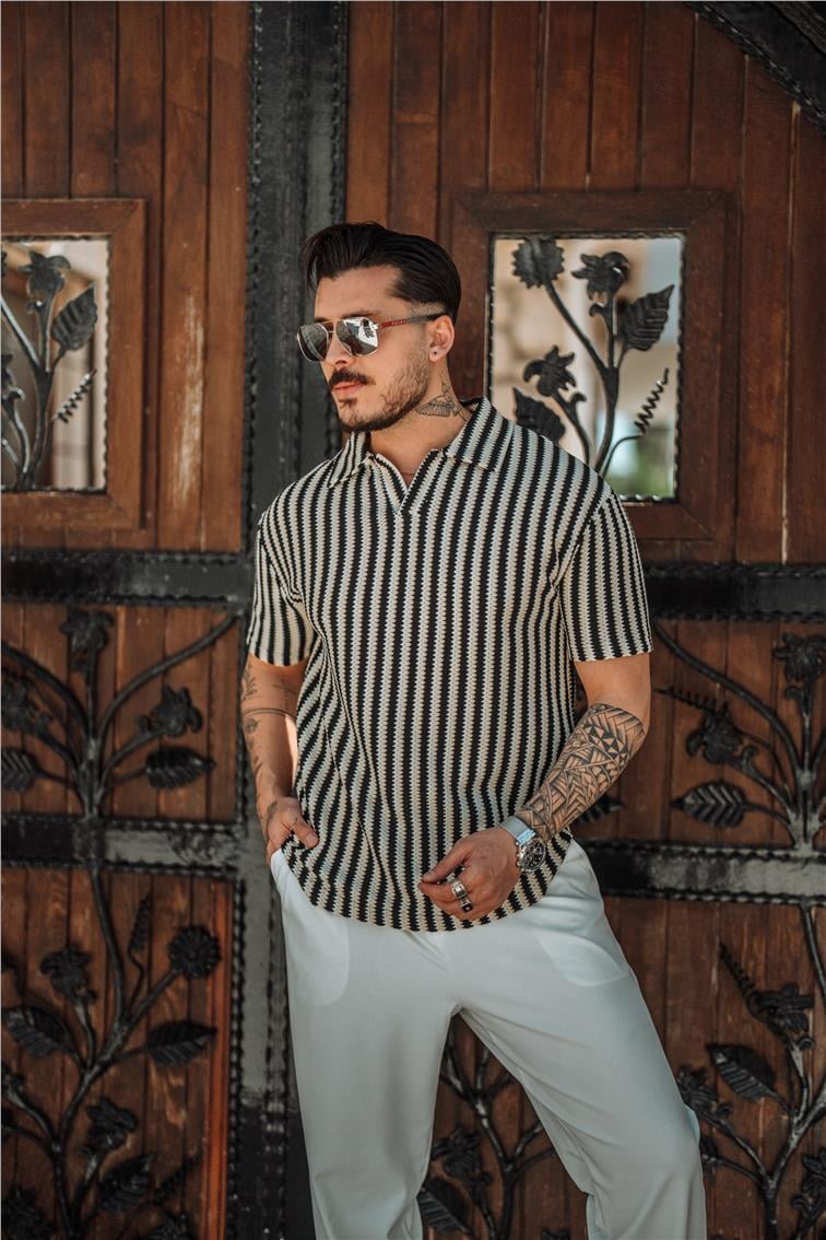 Polo Yaka Şeritli Örme T-Shirt Krem