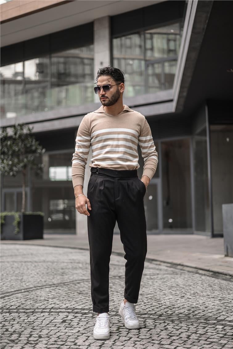 Polo Yaka Şeritli Triko Kazak Kum Beji