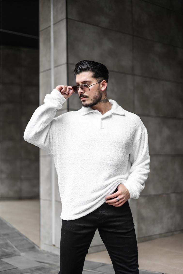 Polo Yaka Yün Oversize Kazak Beyaz