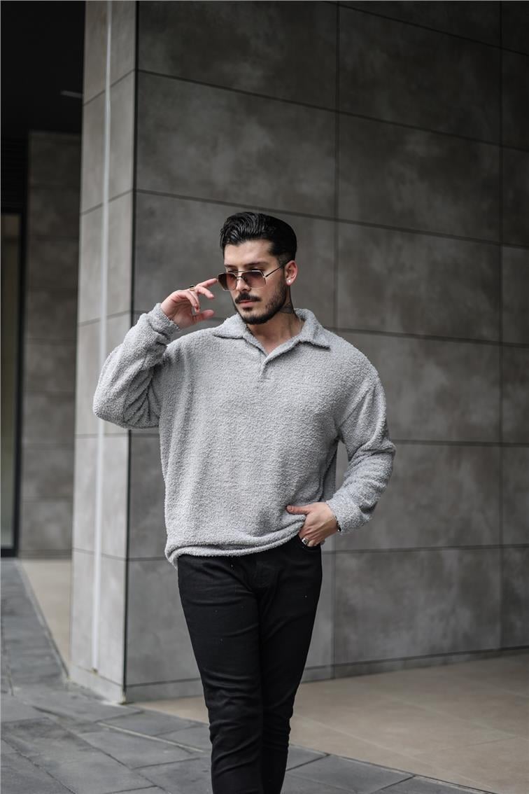Polo Yaka Yün Oversize Kazak Gri