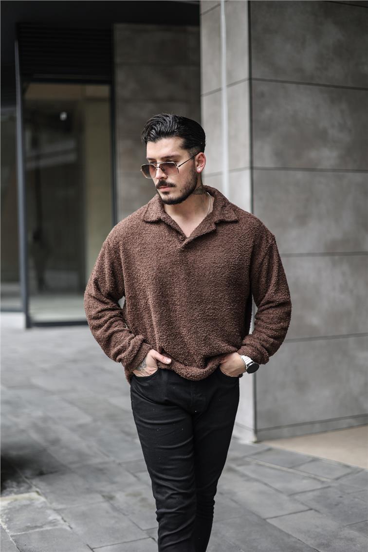 Polo Yaka Yün Oversize Kazak Kahve