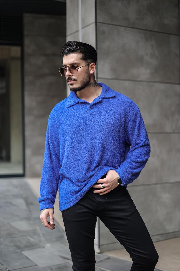 Polo Yaka Yün Oversize Kazak Koyu Mavi