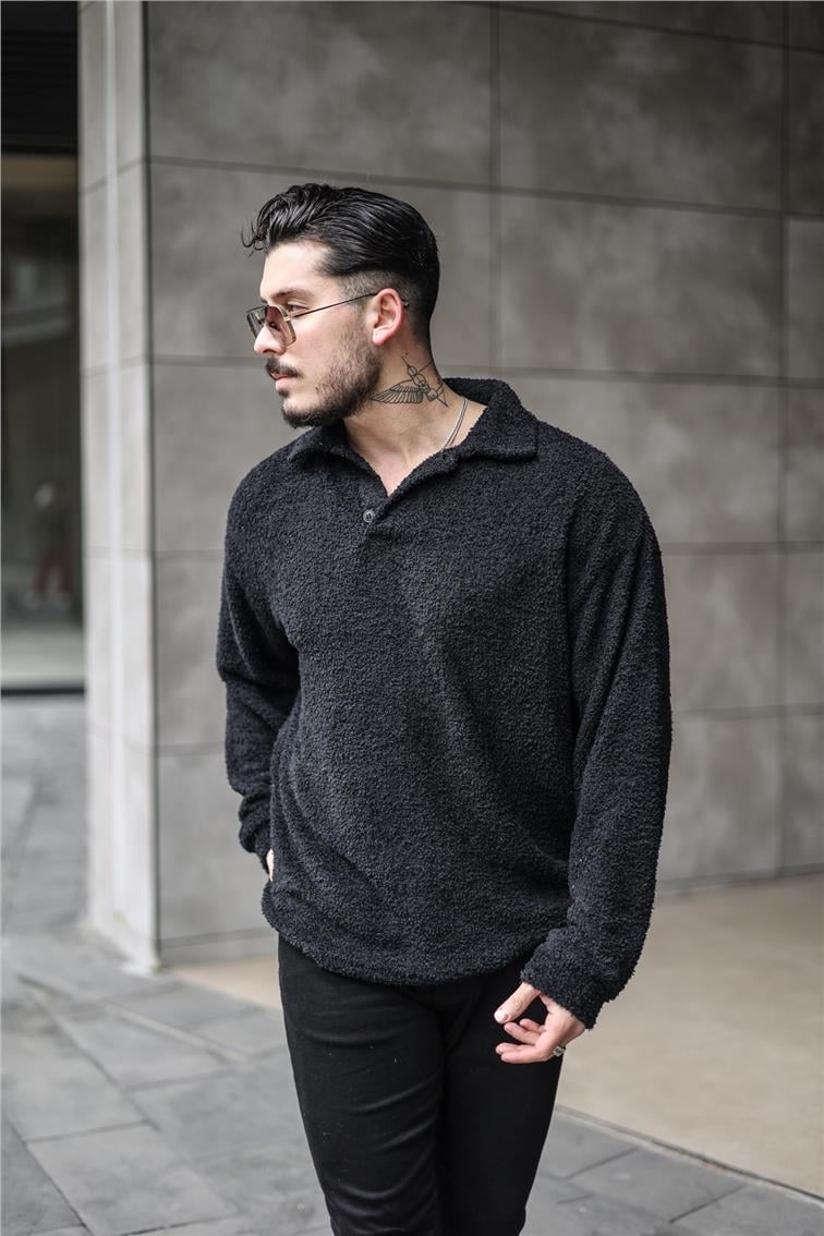 Polo Yaka Yün Oversize Kazak Siyah