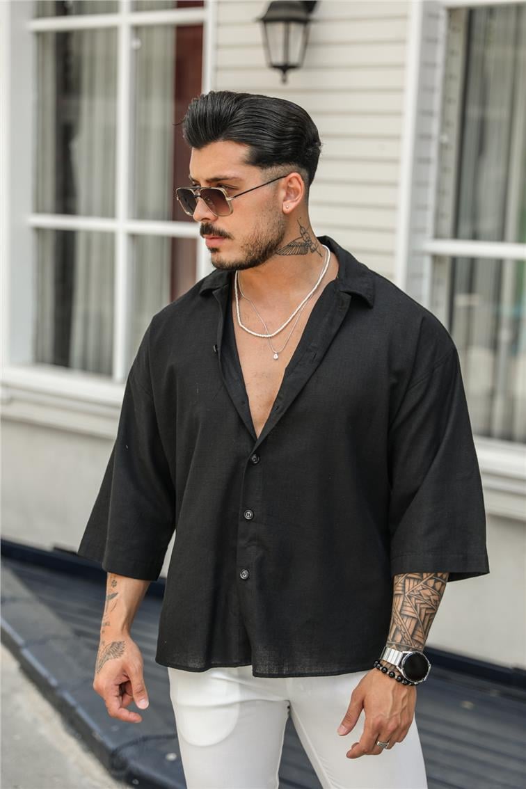 Rahat Şile Bezi Oversize Fakir Kol Gömlek Siyah