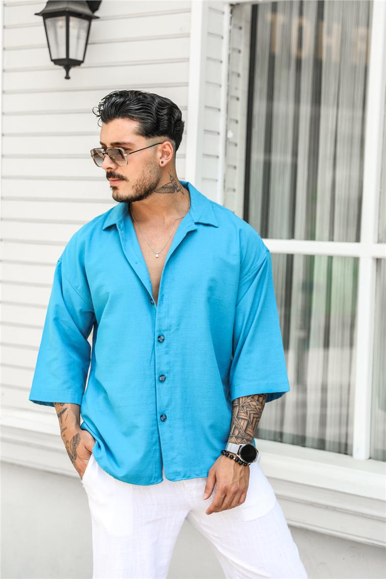 Rahat Şile Bezi Oversize Fakir Kol Gömlek Mavi