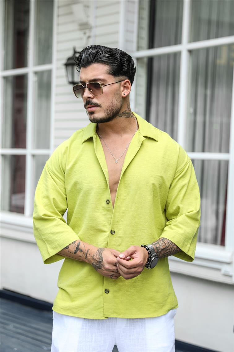 Rahat Şile Bezi Oversize Fakir Kol Gömlek Fıstık Yeşiili