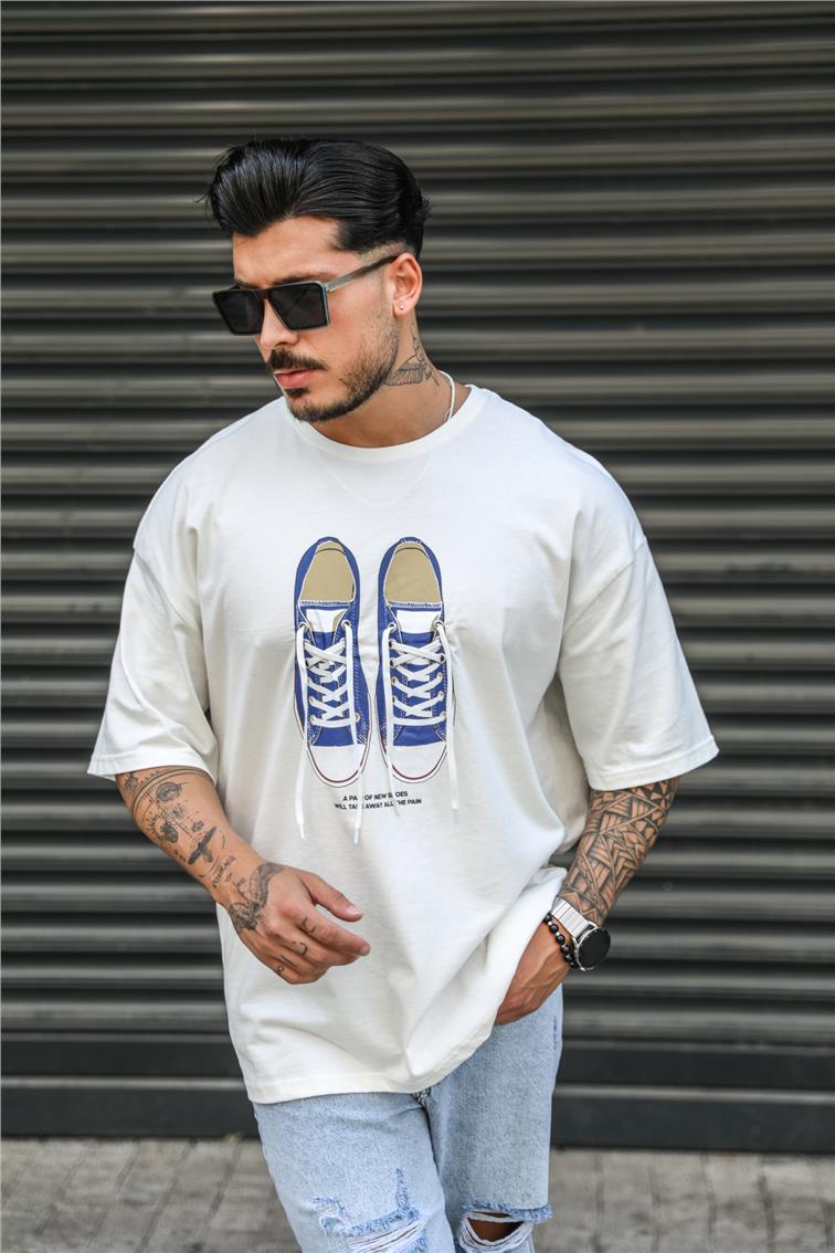 Realist Baskılı Oversize T-Shirt Beyaz