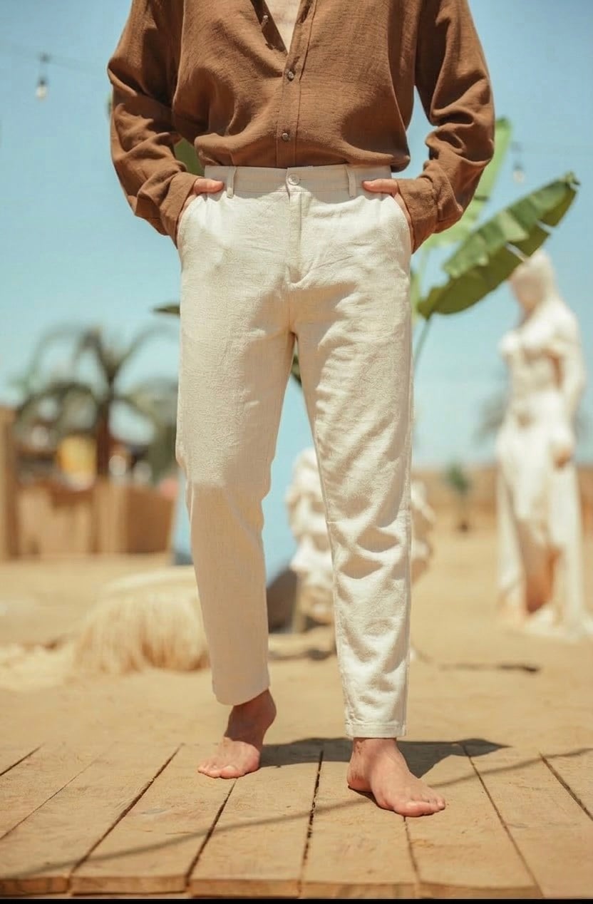Regular Fit Keten Pantolon Krem