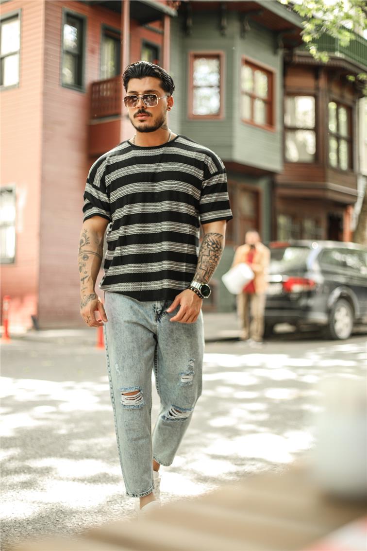 Relax Çizgili Oversize T-Shirt Siyah
