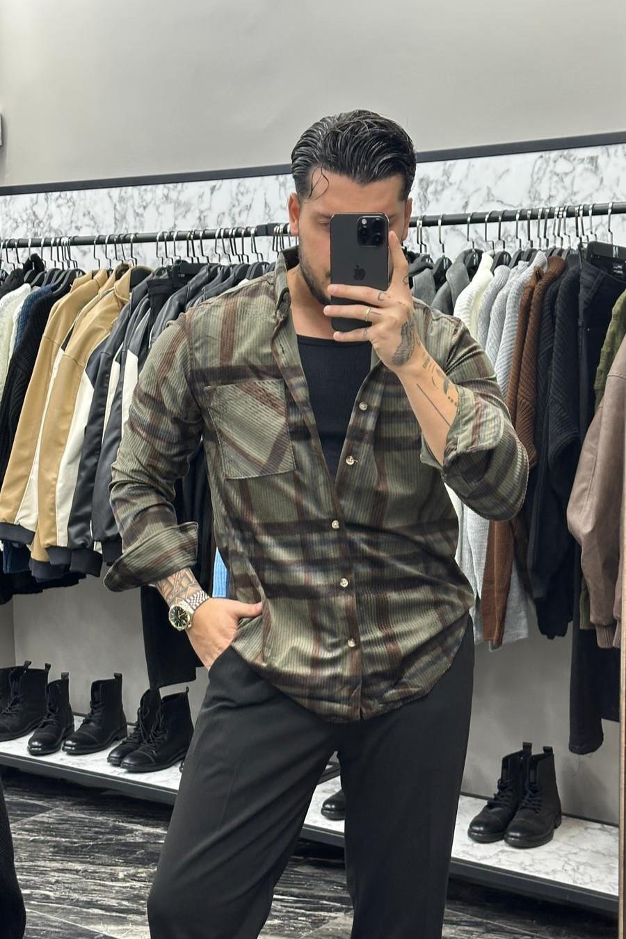 Renk Geçişli Kadife Normal Kalıp Gömlek Yeşil