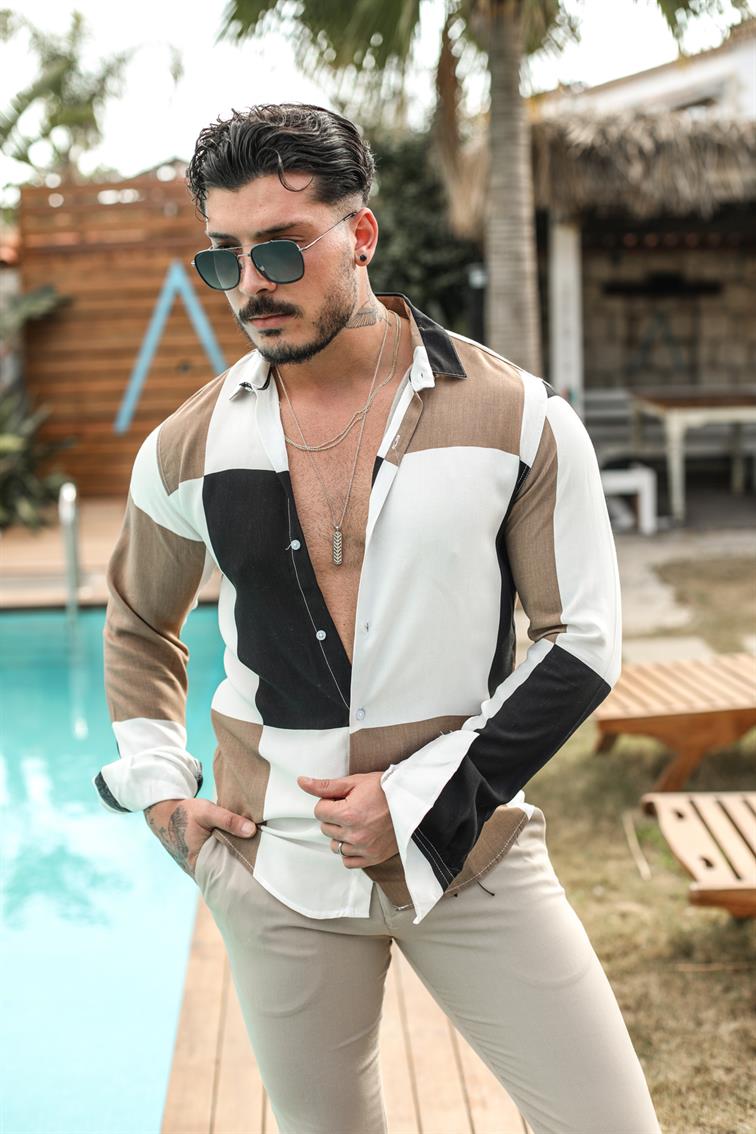Renk Parçalı Slim Fit Gömlek Kahve Siyah