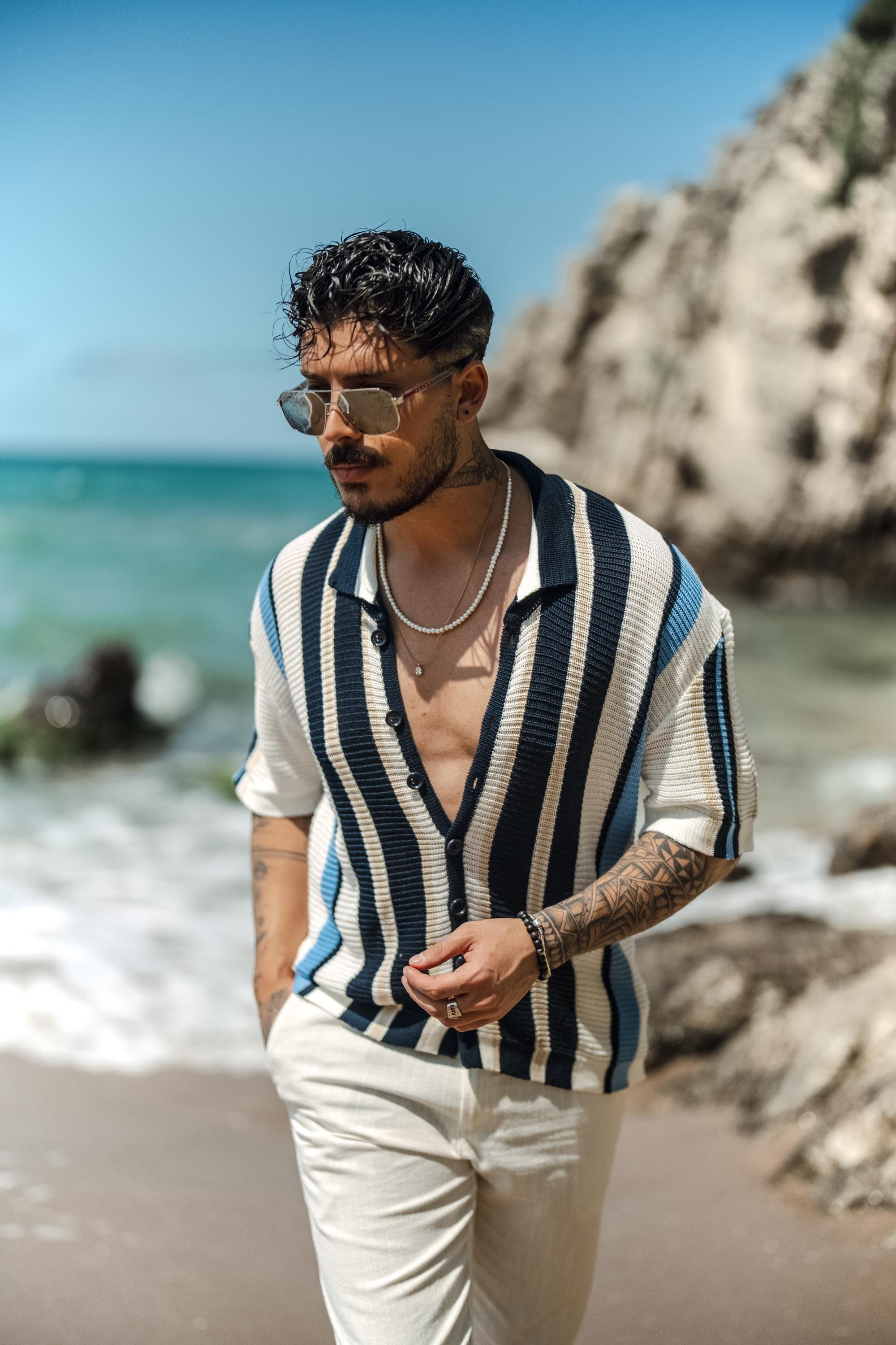 Renkli  Şeritli Örme Gömlek Beyaz-Mavi