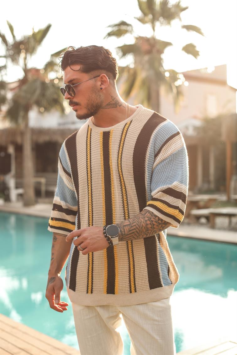 Renkli Şeritli Örme İnce Triko T-Shirt Bej