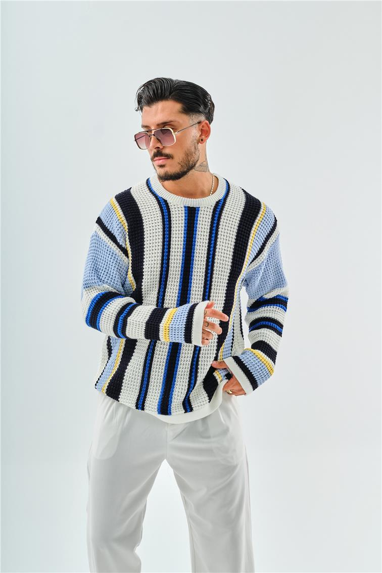 Renkli Şeritli Örme Oversize Kazak Beyaz