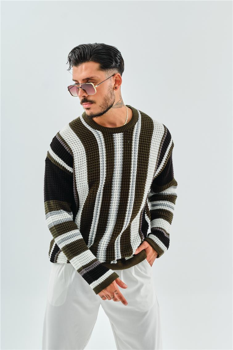 Renkli Şeritli Örme Oversize Kazak Haki