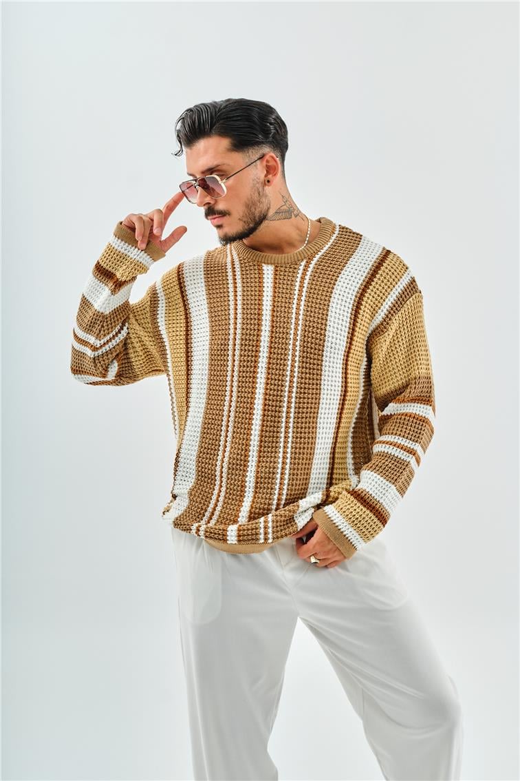 Renkli Şeritli Örme Oversize Kazak Kahve