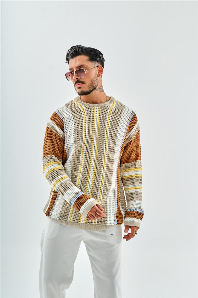 Renkli Şeritli Örme Oversize Kazak Krem