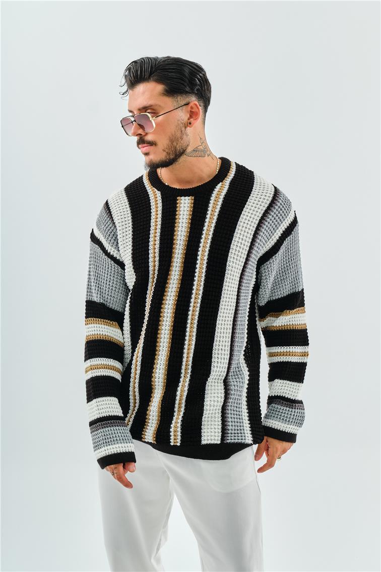 Renkli Şeritli Örme Oversize Kazak Siyah
