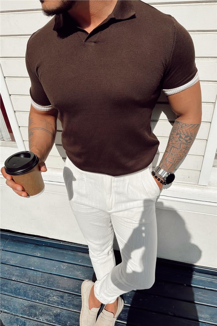 Ribana Detay Polo Yaka T-Shirt Acı Kahve