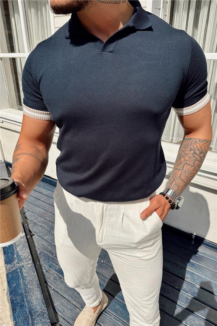 Ribana Detay Polo Yaka T-Shirt Lacivert
