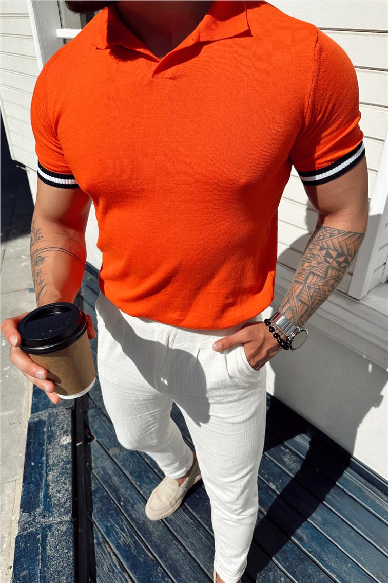 Ribana Detay Polo Yaka T-Shirt Turuncu