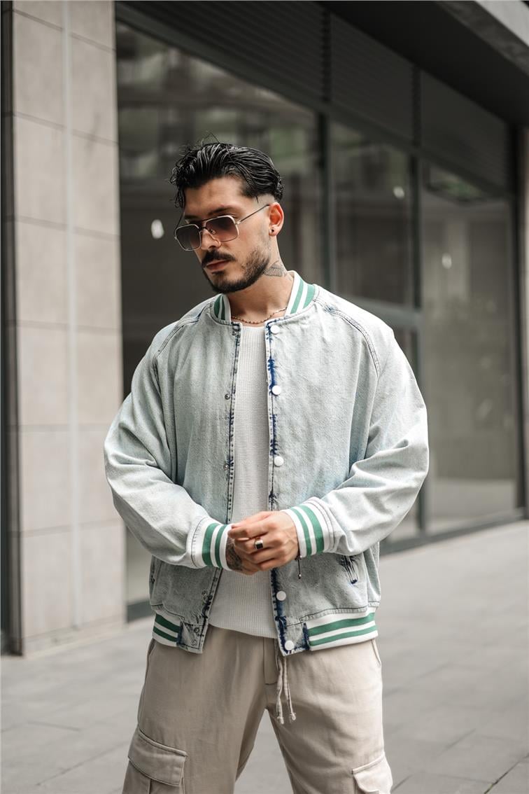 Ribanalı Denim Ceket Yıkamalı Açık Mavi