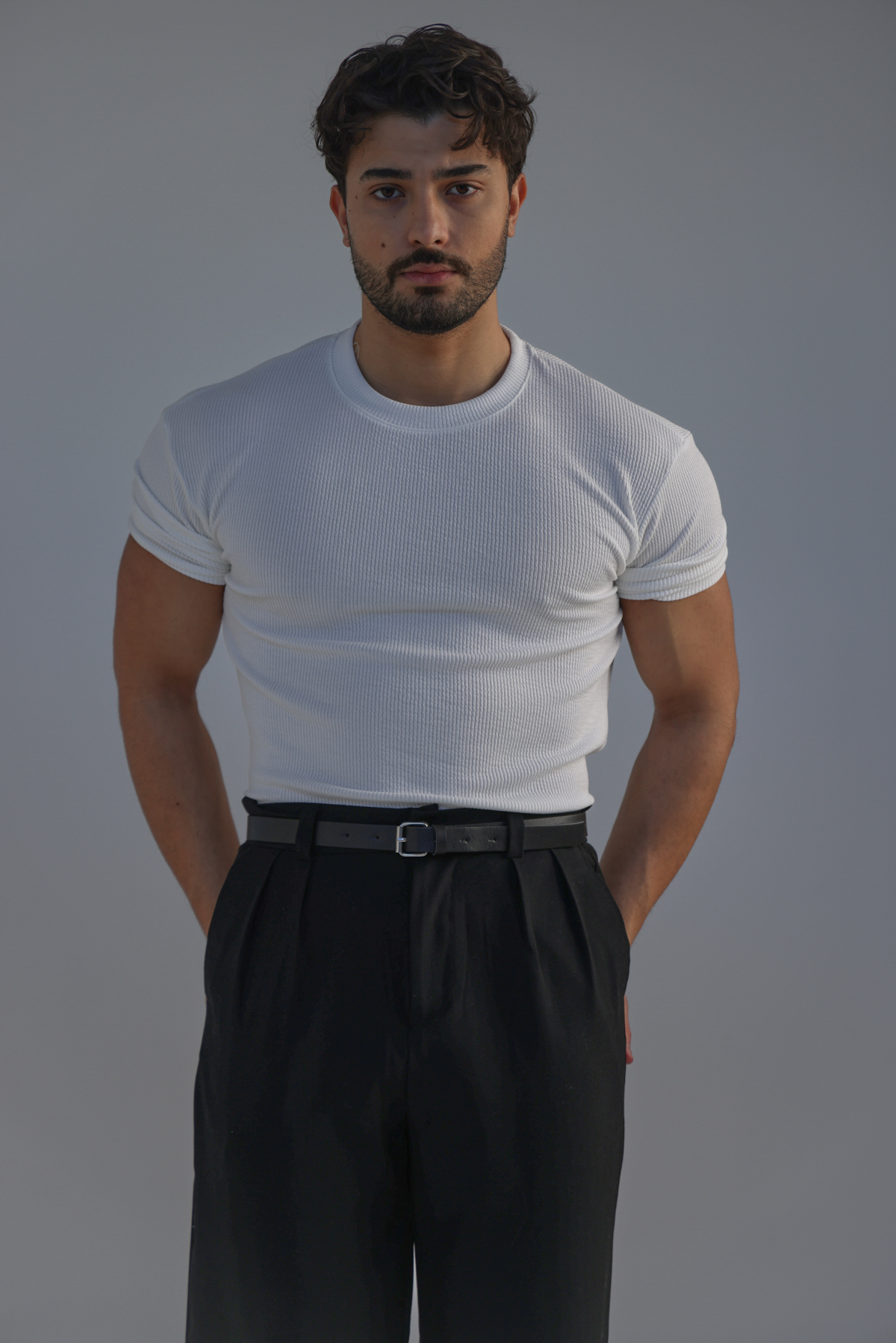 Ribbed Kolu Lastikli Fitilli Tshirt Beyaz