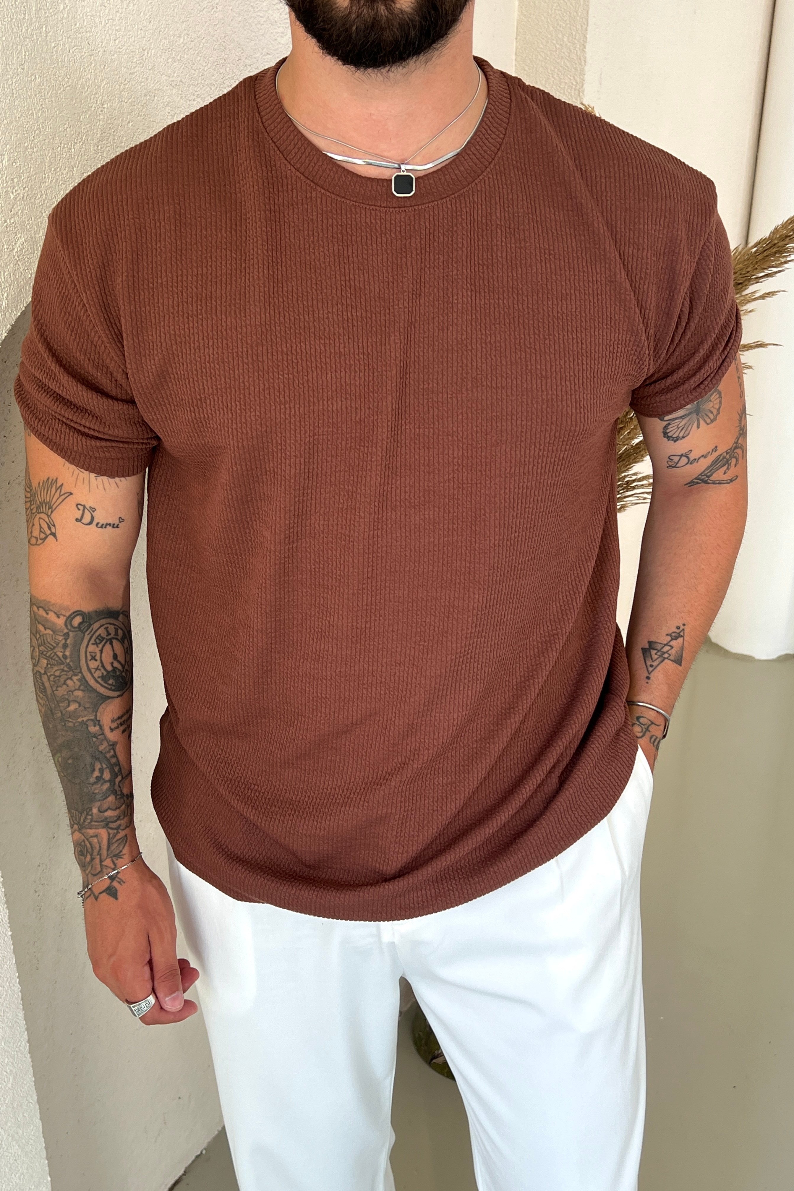 Ribbed Kolu Lastikli Fitilli Tshirt Kahve