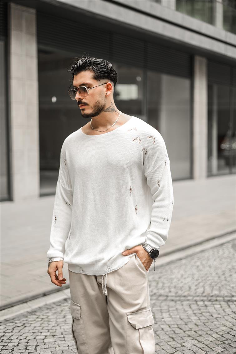 Ripped Örgülü Oversize Kazak Beyaz