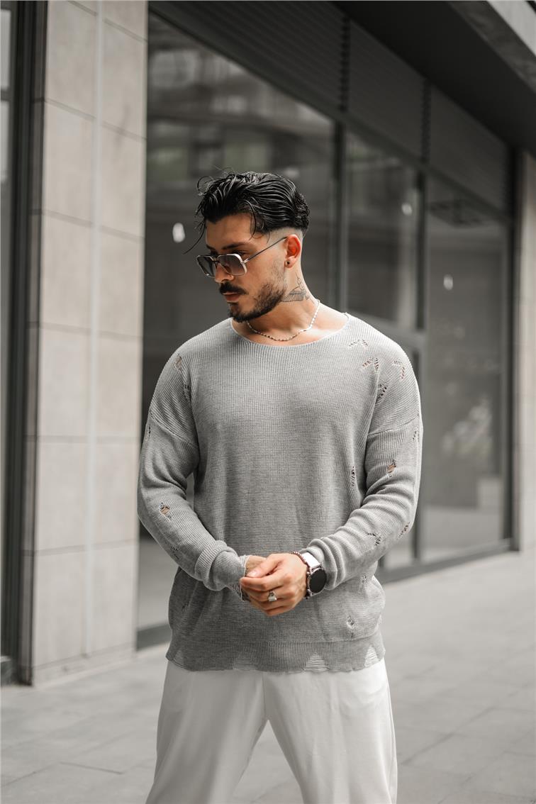 Ripped Örgülü Oversize Kazak Gri