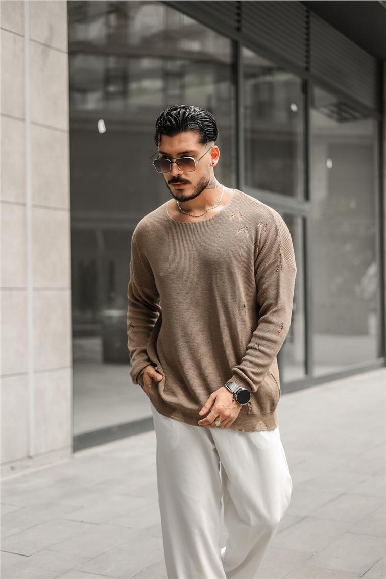 Ripped Örgülü Oversize Kazak Kahve