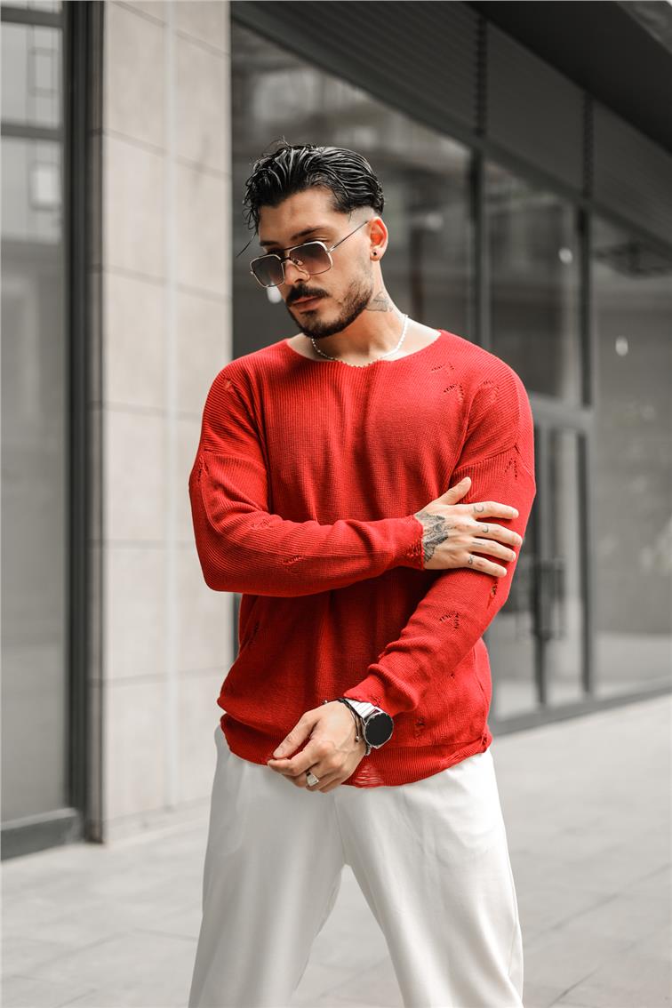 Ripped Örgülü Oversize Kazak Kırmızı