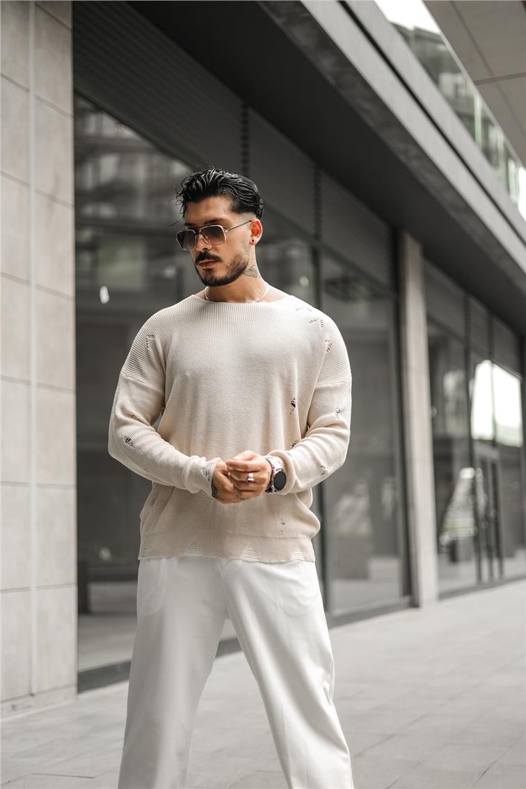 Ripped Örgülü Oversize Kazak Krem