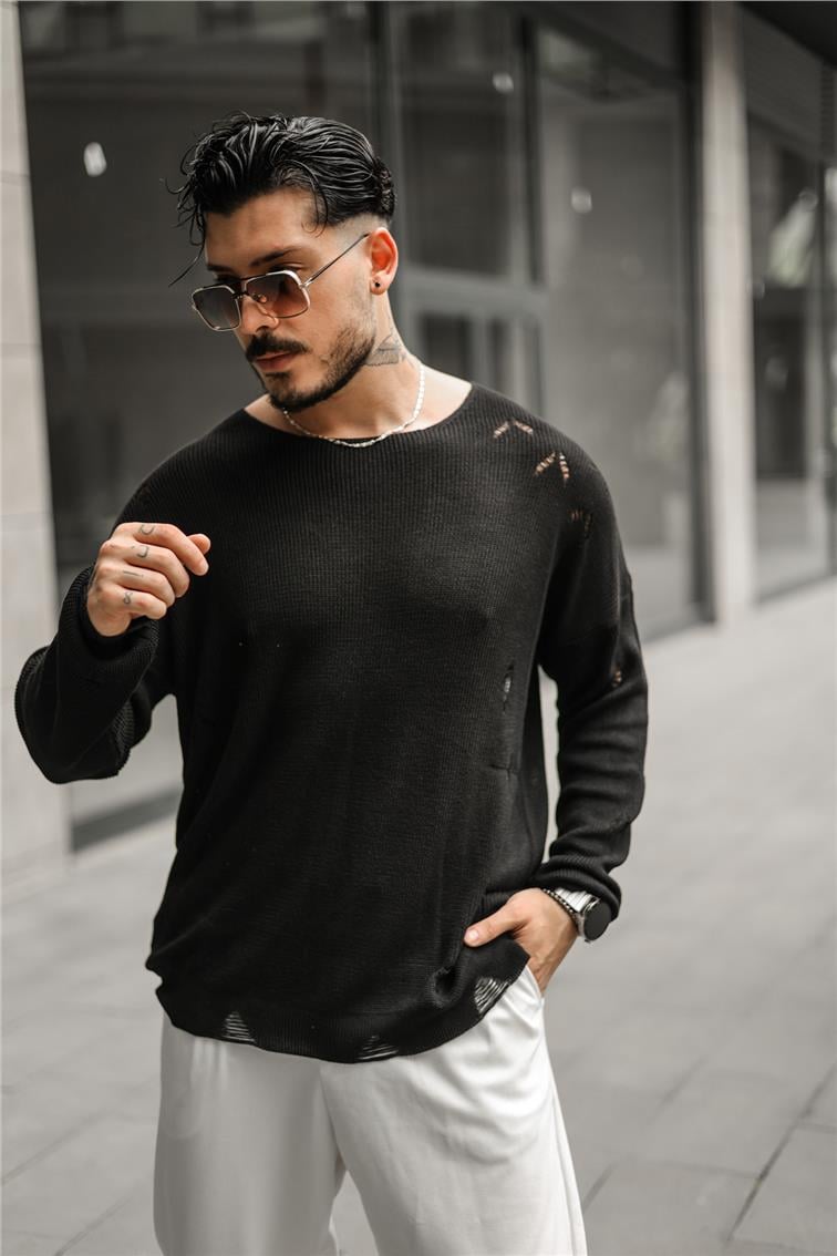 Ripped Örgülü Oversize Kazak Siyah
