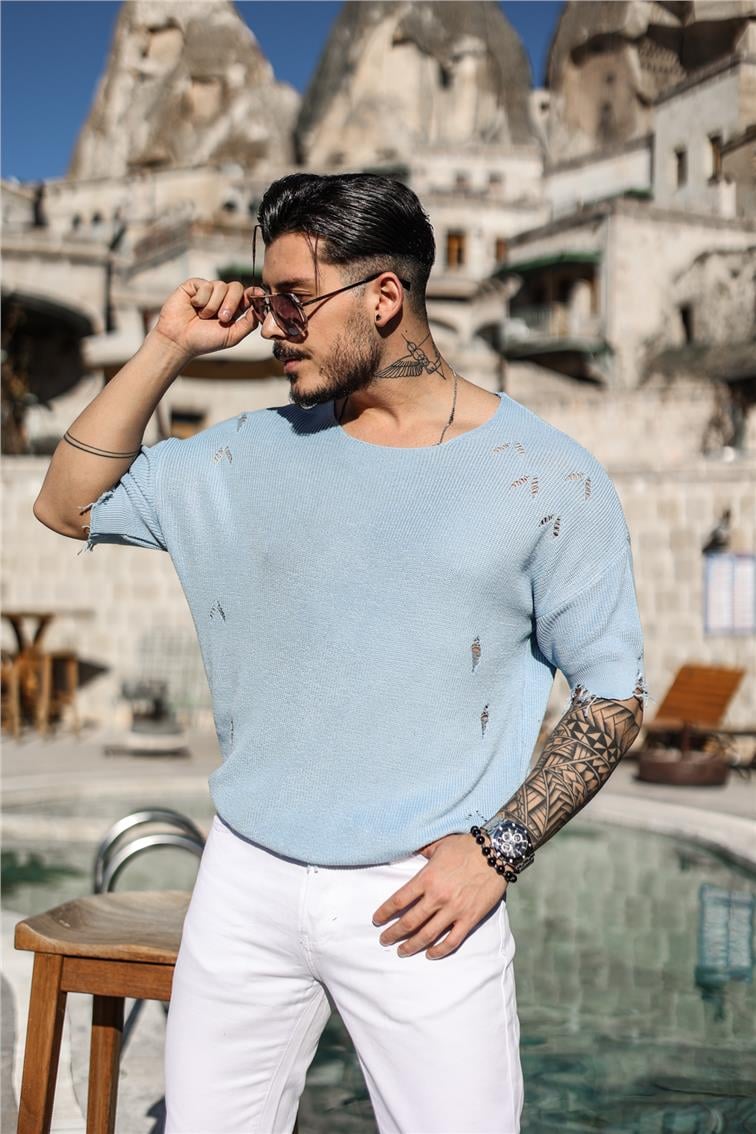 Ripped Oversize Fakir Kol T-Shirt Açık Mavi