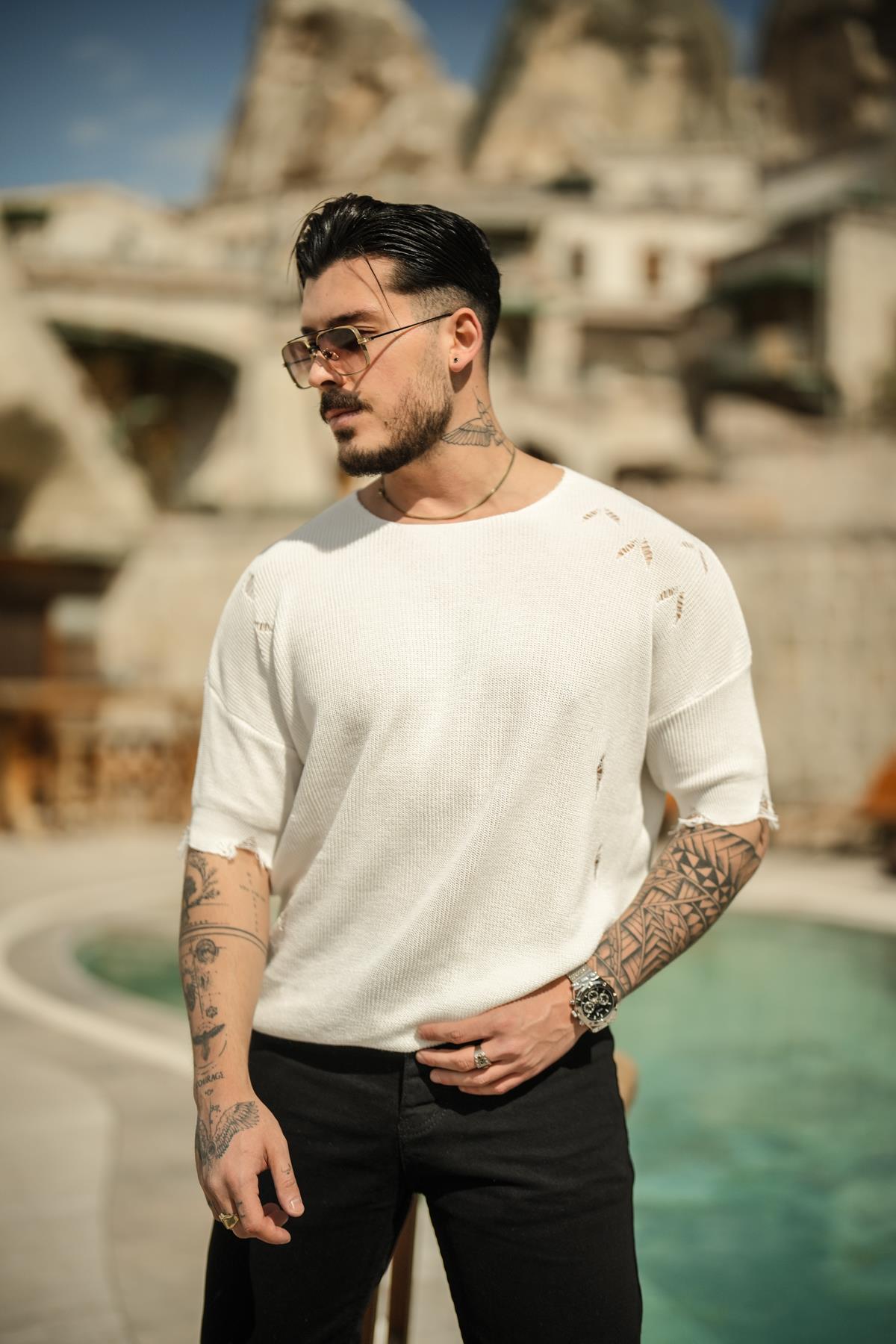 Ripped Oversize Fakir Kol T-Shirt Beyaz