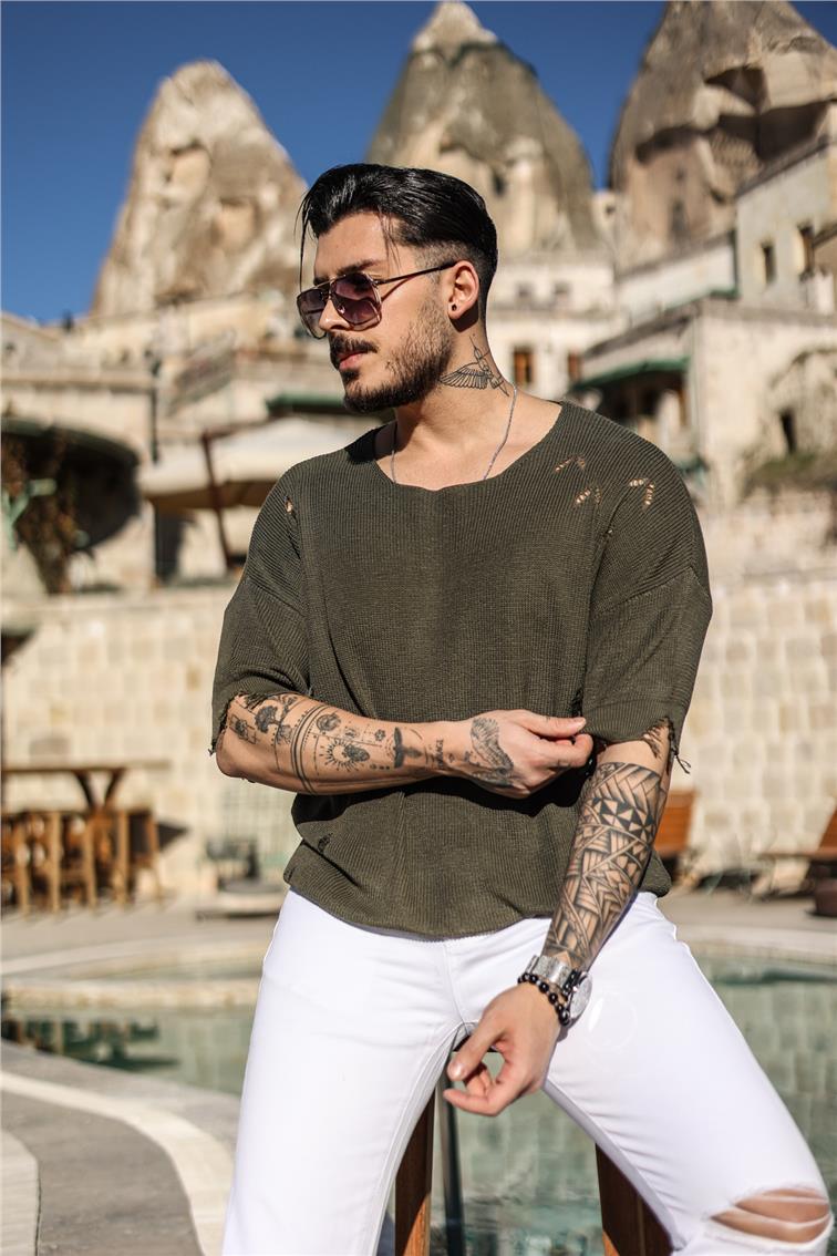 Ripped Oversize Fakir Kol T-Shirt Haki