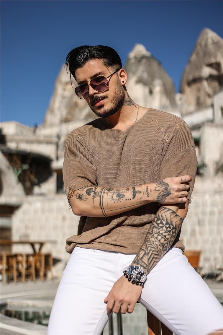 Ripped Oversize Fakir Kol T-Shirt Kahve