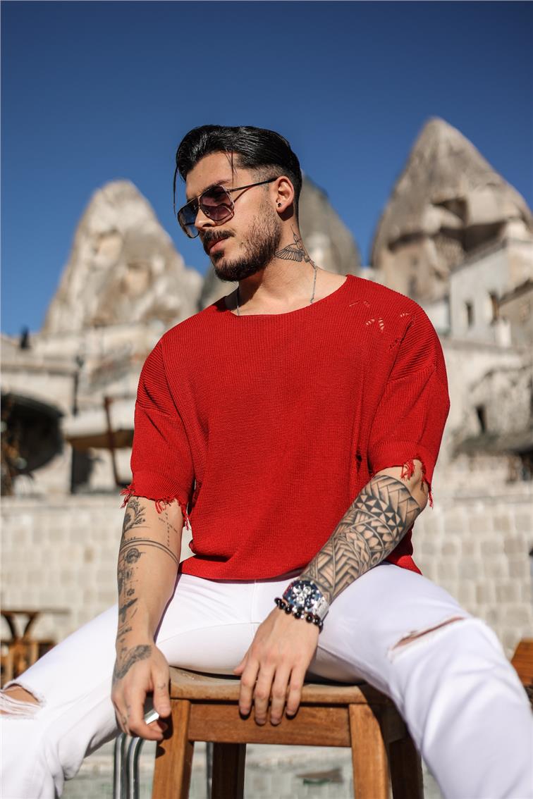 Ripped Oversize Fakir Kol T-Shirt Kırmızı