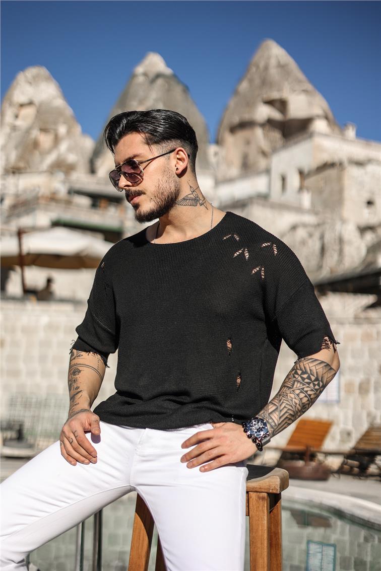 Ripped Oversize Fakir Kol T-Shirt Siyah
