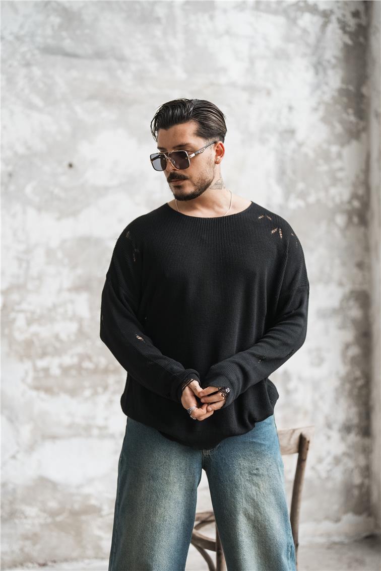 Ripped Oversize Kazak Siyah