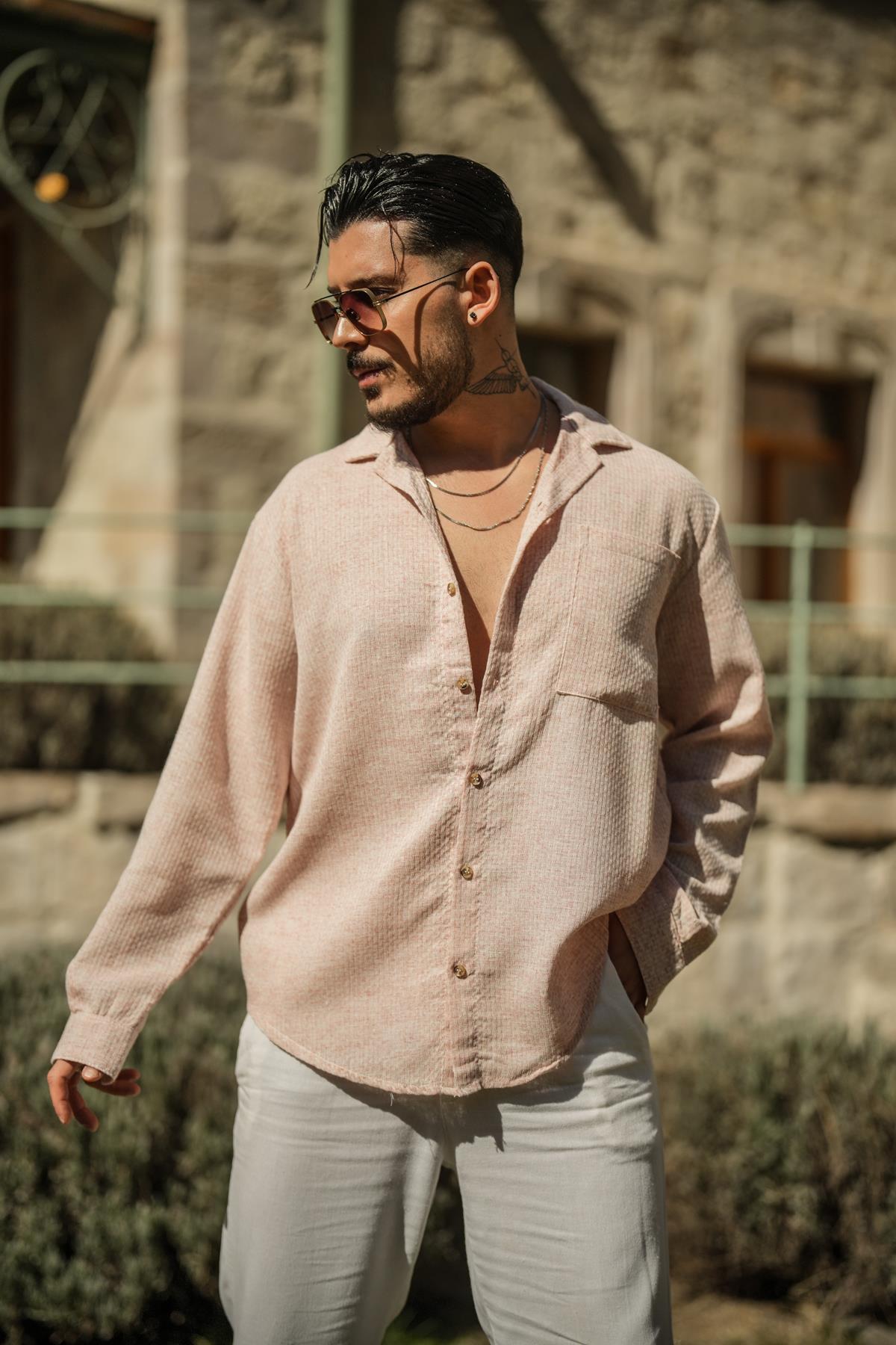 Salaş Örme Tek Cepli Gömlek Pudra