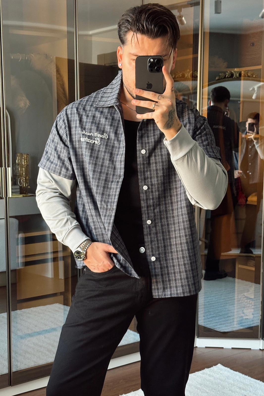 Şardonlu Kol Ekose Bol Gömlek Lacivert