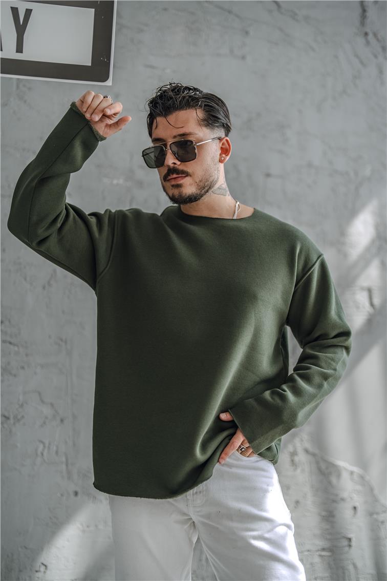 Şardonlu Lazer Kesim Oversize Sweatshirt Haki