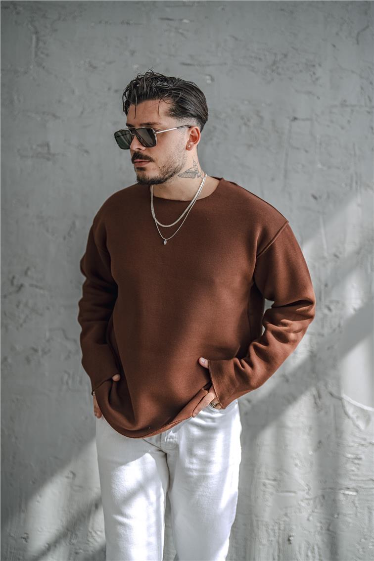 Şardonlu Lazer Kesim Oversize Sweatshirt Kahve